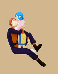 Rule 34 | 1990s (style), 1boy, 1girl, age difference, bad id, bad pixiv id, bike shorts, black eyes, blue eyes, blue hair, brown background, child, couple, creatures (company), game freak, hands on another&#039;s face, height difference, hetero, hug, kris (pokemon), lance (pokemon), mmm73, nintendo, one eye closed, pokemon, pokemon gsc, red hair, retro artstyle, simple background, sitting, socks, sweatdrop, twintails, wink