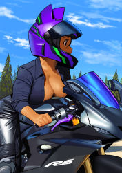Rule 34 | 1girl, arung samudra (cessa), black pants, blue sky, breasts, cessa, cloud, collared shirt, commentary, dark-skinned female, dark skin, day, english commentary, hair between eyes, helmet, large breasts, looking to the side, motor vehicle, motorcycle, motorcycle helmet, ombok diving and delivery services, open clothes, open shirt, outdoors, pants, pine tree, profile, shirt, short hair, sky, solo, sweat, tree