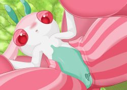 Rule 34 | 1girl, antennae, artist name, blush, censored, colored sclera, creatures (company), female focus, furry, furry female, game freak, gen 7 pokemon, green background, hands up, heart, heart censor, hisafumi, lurantis, lying, nintendo, on back, open mouth, pink sclera, pinstripe pattern, pokemon, pokemon (creature), pussy, red eyes, simple background, solo, spread legs, striped, transparent censoring, watermark