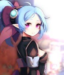 Rule 34 | 1girl, arms behind back, back bow, blue hair, blurry, blurry background, bow, cleavage cutout, closed mouth, clothing cutout, dungeon and fighter, from side, grass, hair bow, hwaryeok, long hair, looking at viewer, niu (dungeon and fighter), outdoors, ponytail, purple eyes, smile, solo