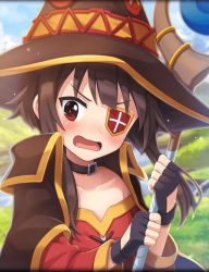 Rule 34 | artist request, blush, brown hair, cape, dress, eyepatch, fingerless gloves, gloves, grass, hat, holding, holding staff, kono subarashii sekai ni shukufuku wo!, megumin, official art, open mouth, phantom of the kill, red dress, red eyes, short hair with long locks, staff, v-shaped eyebrows, witch hat