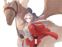 Rule 34 | 1girl, breasts, cape, closed mouth, dragon, edelgard von hresvelg, fire emblem, fire emblem: three houses, fire emblem warriors: three hopes, gloves, hair ornament, long hair, long sleeves, looking at viewer, nintendo, official alternate costume, official alternate hairstyle, purple eyes, red cape, ribbon, robaco, simple background, skirt, solo, white hair, wyvern
