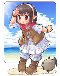 Rule 34 | 10s, 1girl, :d, bad id, bad pixiv id, bag, beach, black hair, blush, cloud, day, demon tail, demon wings, dress, elf, final fantasy, final fantasy xiv, flower, hairband, lalafell, mizuno mumomo, ocean, open mouth, outdoors, pointy ears, red eyes, sand, shading eyes, short hair, short sleeves, shoulder bag, sky, smile, solo, square enix, tail, vest, warrior of light (ff14), white dress, wings, wristband