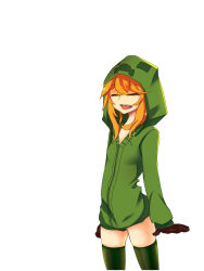 Rule 34 | 1girl, at2., black gloves, blush, brown hair, creeparka, creeper, cupa (at2.), closed eyes, facing viewer, gloves, green hoodie, green thighhighs, highres, hood, hoodie, long sleeves, medium hair, minecraft, open mouth, personification, smile, solo, teeth, thighhighs, upper teeth only