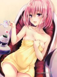 Rule 34 | 10s, 1girl, :d, areola slip, blush, breasts, collarbone, covered navel, demon tail, dutch angle, fingernails, hair between eyes, hand on own chest, highres, long fingernails, looking at viewer, momo velia deviluke, naked towel, official art, open mouth, pink hair, purple eyes, scan, sitting, smile, solo, sparkle, tail, to love-ru, to love-ru darkness, towel, vase, wet, wet hair, yabuki kentarou, yellow towel