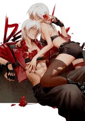 Rule 34 | 1boy, 1girl, absurdres, ass, bishounen, black gloves, black nails, blue eyes, blush, breasts, closed mouth, dante (devil may cry), devil may cry, devil may cry (series), devil may cry 3, dual persona, fingerless gloves, flower, genderswap, genderswap (mtf), gloves, hair between eyes, highres, holding, jacket, looking at viewer, medium breasts, red flower, red jacket, red rose, rose, short shorts, shorts, smile, white hair, xue orhsueh