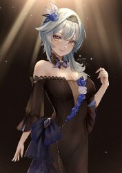 Rule 34 | 1girl, absurdres, artist name, bare shoulders, black dress, black hairband, blue flower, blue hair, blue nails, blue rose, breasts, cleavage, cowboy shot, dark background, detached collar, dress, eula (genshin concert) (genshin impact), eula (genshin impact), flower, flower ornament, genshin impact, gnsn tukituki, hair flower, hair ornament, hairband, hand up, highres, lace, lace-trimmed dress, lace trim, light particles, lipstick, looking at viewer, makeup, medium breasts, medium hair, off-shoulder dress, off shoulder, official alternate costume, rose, sidelocks, signature, solo, spotlight, wide sleeves, yellow eyes