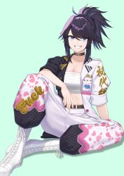 Rule 34 | 1girl, absurdres, bandages, black choker, black hair, blue eyes, boots, breasts, chest sarashi, choker, cleavage, clothes writing, collarbone, commentary request, cross-laced footwear, dahadekan, green background, grin, highres, indie virtual youtuber, jacket, knee up, kson, lace-up boots, looking at viewer, medium hair, midriff, open clothes, open jacket, pants, ponytail, puffy short sleeves, puffy sleeves, sarashi, shadow, short sleeves, sidelocks, simple background, sitting, smile, solo, souchou, strapless, translation request, tube top, virtual youtuber, white footwear, white pants