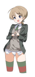 Rule 34 | 1girl, ahoge, blue eyes, blush, braid, brown hair, cropped legs, gluteal fold, green jacket, green necktie, highres, jacket, lynette bishop, mejina, necktie, panties, shirt, solo, steepled fingers, strike witches, striped clothes, striped thighhighs, sweater vest, tan sweater, thighhighs, thighs, underwear, white panties, white shirt, world witches series