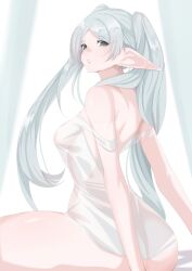 Rule 34 | 1girl, absurdres, ass, bare shoulders, breasts, earrings, elf, frieren, green eyes, grey hair, highres, jewelry, long hair, looking at viewer, looking back, medium breasts, parted bangs, pointy ears, sitting, solo, sousou no frieren, twintails, vanko (vank0a)