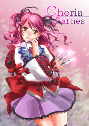 Rule 34 | 1girl, a-i-red, bad id, bad pixiv id, character name, cheria barnes, curly hair, grey eyes, knife, pink hair, purple skirt, ribbon, skirt, solo, tales of (series), tales of graces, two side up