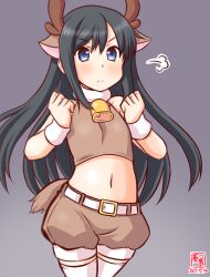 Rule 34 | 1girl, :&lt;, alternate costume, animal costume, animal ears, antlers, artist logo, asashio (kancolle), blush, brown background, crop top, dated, deer ears, deer tail, fake antlers, gradient background, hair between eyes, horns, kanon (kurogane knights), kantai collection, long hair, looking at viewer, navel, one-hour drawing challenge, reindeer antlers, reindeer costume, shorts, solo, tail, thighhighs, white thighhighs