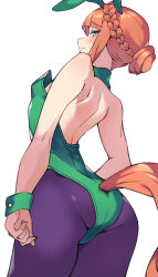 Rule 34 | 1girl, absurdres, animal ears, ass, back, bare back, black pantyhose, braid, commentary, cowboy shot, crown braid, detached collar, embarrassed, from behind, green eyes, hair bun, highres, horse girl, horse tail, leotard, looking at viewer, looking back, median furrow, orange hair, oversized breast cup, pantyhose, pirukusu, playboy bunny, rabbit ears, shoulder blades, silence suzuka (umamusume), simple background, solo, strapless, strapless leotard, sweatdrop, tail, umamusume, white background, wrist cuffs