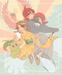 Rule 34 | 1boy, 1girl, :d, alternate costume, brown eyes, brown hair, chikorita, clenched hands, commentary request, creatures (company), eyelashes, framed, game freak, gen 2 pokemon, gen 4 pokemon, grey hakama, hair between eyes, hakama, hands up, ho-oh, holding, holding pokemon, huan li, japanese clothes, kimono, legendary pokemon, long hair, looking back, lugia, lyra (pokemon), nintendo, open mouth, pokemon, pokemon (creature), pokemon hgss, red eyes, red hair, sandals, sash, silver (pokemon), smile, socks, twintails, w arms, weavile, wide sleeves, yellow kimono