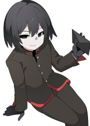 Rule 34 | 1boy, black eyes, black gloves, black hair, black jacket, black pants, black undershirt, bob cut, closed mouth, commentary, empty eyes, envelope, feet out of frame, from side, gakuran, gloves, hammer (sunset beach), hanamonogatari, hand on ground, hashtag-only commentary, highres, holding, holding envelope, jacket, looking at viewer, looking to the side, looking up, male focus, monogatari (series), multicolored clothes, multicolored jacket, naoetsu high school uniform, oshino ougi, pale skin, pants, red jacket, school uniform, short hair, simple background, smile, solo, two-sided fabric, two-tone jacket, white background