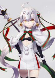 Rule 34 | 1girl, ahoge, holding behind back, bell, bikini, bikini top only, black gloves, black thighhighs, blonde hair, bow, bowtie, capelet, cowboy shot, elbow gloves, fate/grand order, fate (series), flat chest, fur trim, gabiran, gloves, grey background, hand on own hip, headpiece, holding, holding weapon, jeanne d&#039;arc (fate), jeanne d&#039;arc alter (fate), jeanne d&#039;arc alter santa lily (fate), long hair, looking at viewer, polearm, pom pom (clothes), ribbon, simple background, skirt, snowing, solo, spear, star (symbol), swimsuit, thighhighs, very long hair, weapon, yellow eyes