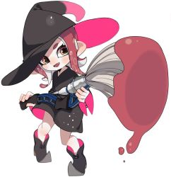 Rule 34 | 1girl, bad id, bad twitter id, black dress, black footwear, black hat, blush, brown eyes, commentary, dress, english commentary, fangs, foreshortening, full body, hat, head tilt, holding, holding weapon, inkbrush (splatoon), light blush, long sleeves, looking at viewer, maco spl, medium dress, medium hair, nintendo, octoling, octoling girl, octoling player character, open mouth, paint splatter, pointy ears, pointy footwear, red hair, shoes, simple background, smile, solo, splatoon (series), splatoon 2, standing, suction cups, tentacle hair, weapon, witch, witch hat