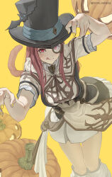 1girl :p bimel_isabella breasts brown_hair cat_tail final_fantasy final_fantasy_xiv from_above halloween hat highres jack-o&#039;-lantern long_hair looking_at_viewer medium_breasts miqo&#039;te monocle red_eyes slit_pupils solo tail tongue tongue_out top_hat yellow_background yellow_eyes