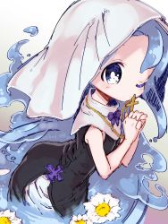 Rule 34 | 1girl, black dress, blue eyes, blue hair, catholic, cross, cross necklace, crucifix, dress, flower request, from above, gradient background, habit, highres, in container, jar, jewelry, key 961, latin cross, liquid hair, long hair, merc (merc storia), merc storia, mini person, minigirl, monster girl, necklace, no nose, nun, one eye closed, own hands clasped, own hands together, praying, side slit, sleeveless, sleeveless dress, slime girl, solo, twitter username