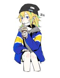 Rule 34 | 1girl, 2girls, beanie, black beanie, blonde hair, blue eyes, blue jacket, chinese commentary, comfort zoner, commentary request, cup, disposable cup, drinking straw, drinking straw in mouth, green hair, hat, invisible chair, jacket, long sleeves, mask, mask pull, medium hair, mouth mask, multicolored hair, multiple girls, simple background, sitting, solo, streaked hair, translated, white background, white mask, yamanouchi kano, yoru no kurage wa oyogenai