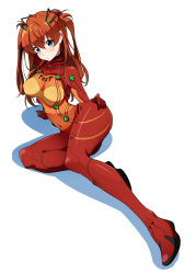 Rule 34 | 00s, 1girl, alternate breast size, arm support, blue eyes, blush, bodysuit, breasts, clothes writing, covered navel, curvy, evangelion: 2.0 you can (not) advance, full body, gloves, hair between eyes, hair ornament, ichi-jirushi, leaning, long hair, looking at viewer, lying, medium breasts, multicolored clothes, navel, neon genesis evangelion, on side, orange hair, parted lips, plugsuit, rebuild of evangelion, see-through, shadow, shiny clothes, simple background, solo, souryuu asuka langley, test plugsuit, turtleneck, two side up, white background