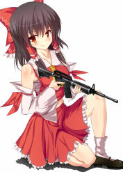 Rule 34 | 1girl, ascot, assault rifle, black footwear, black hair, blush, bow, breasts, brown hair, closed mouth, commentary request, cookie (touhou), detached sleeves, frilled bow, frilled hair tubes, frilled skirt, frills, full body, gun, hair bow, hair tubes, hakurei reimu, highres, holding, holding gun, holding weapon, long hair, looking at viewer, m16, medium breasts, on one knee, red bow, red skirt, red vest, reu (cookie), rifle, sarashi, shirt, shoes, sidelocks, simple background, skirt, sleeveless, sleeveless shirt, smile, socks, solo, szk, touhou, vest, weapon, white background, white sleeves, white socks, yellow ascot