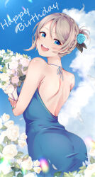 Rule 34 | 1girl, birthday, blue dress, blue eyes, brown hair, dress, happy birthday, looking at viewer, love live!, love live! sunshine!!, nigauri, open mouth, outdoors, short hair, sleeveless, smile, solo, watanabe you