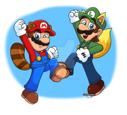 Rule 34 | 2boys, animal ears, artist name, blue eyes, brothers, brown hair, facial hair, full body, gloves, grin, hand up, looking at viewer, luigi, male focus, mario, mario (series), multiple boys, mustache, new super mario bros. 2, nintendo, open mouth, overalls, power-up, raccoon ears, raccoon luigi, raccoon mario, raccoon tail, siblings, smile, super mario bros. 3, tail
