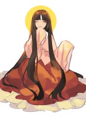 Rule 34 | 1girl, absurdres, black hair, covering own mouth, frilled skirt, frills, halo, highres, hime cut, houraisan kaguya, japanese clothes, korean commentary, long hair, long sleeves, looking at viewer, ojou-sama pose, one eye closed, pink shirt, red skirt, shan, shirt, simple background, sitting, skirt, solo, touhou, very long hair, white background, wide sleeves, yellow eyes
