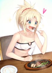 Rule 34 | 1girl, 5jack, aqua eyes, bad id, bad pixiv id, bandeau, bare shoulders, blonde hair, blush, braid, breasts, chair, cleavage, collarbone, eating, fang, fate/apocrypha, fate (series), food, fork, heart, holding, holding fork, holding knife, knife, long hair, looking away, medium breasts, mordred (fate), mordred (fate/apocrypha), mordred (memories at trifas) (fate), navel, open mouth, plate, simple background, sitting, smile, solo, sparkle, steak, table, teeth, white background