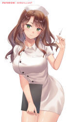 Rule 34 | 1girl, alternate costume, ass, blush, breasts, brown hair, buttons, collared dress, commentary, cowboy shot, dorothea arnault, dress, fire emblem, fire emblem: three houses, green eyes, hand up, hat, head tilt, highres, holding, holding syringe, large breasts, long hair, looking at viewer, nintendo, nurse, nurse cap, pencil dress, sebu illust, short sleeves, simple background, smile, solo, standing, swept bangs, syringe, thighs, white background, white dress, white hat