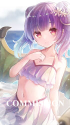 Rule 34 | 1girl, alternate costume, bikini, blurry, blurry background, blush, closed mouth, collarbone, commission, depth of field, double bun, dragon wings, fire emblem, fire emblem: the sacred stones, green wings, hair bun, hand up, highres, horizon, looking at viewer, myrrh (fire emblem), navel, nintendo, ocean, purple hair, red eyes, skeb commission, smile, solo, swimsuit, twintails, water, watermark, white bikini, wings, yonema