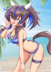 Rule 34 | 1girl, ;d, absurdres, alternate costume, animal ears, arched back, ass, beach, bead bracelet, beads, beatsheavens0735, bikini, black bikini, black choker, black hair, blue bikini, blue hair, blue sky, blurry, blurry background, blush, bracelet, breasts, chain, chain necklace, choker, cleavage, colored inner hair, commentary request, daitaku helios (umamusume), day, depth of field, ear covers, ear ornament, ear piercing, earrings, facial mark, fang, from side, gold necklace, groin, hair between eyes, hair ornament, hairclip, hand up, high ponytail, highres, horizon, horse ears, horse girl, horse tail, jewelry, leaning forward, long hair, looking at viewer, medium breasts, multicolored hair, multiple bracelets, multiple earrings, necklace, ocean, one eye closed, open mouth, outdoors, palm leaf, pendant, piercing, ponytail, sidelocks, sky, smile, solo, standing, star (symbol), star hair ornament, streaked hair, swimsuit, tail, textless version, thigh strap, triangle, two-tone bikini, two-tone hair, umamusume, w, water, yellow eyes