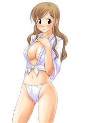 Rule 34 | 00s, 1girl, blue eyes, breasts, brown eyes, brown hair, cleavage, cowboy shot, front-tie top, fundoshi, groin, hand on own chest, japanese clothes, large breasts, long hair, looking at viewer, maria-sama ga miteru, midriff, mizu happi, navel, open clothes, shirt, short sleeves, solo, standing, thighs, toshifumi, toudou shimako, wavy hair, white background, white shirt