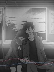 Rule 34 | 1boy, 1girl, black skirt, blurry, closed eyes, collarbone, commentary request, depth of field, enpera, foliage, greyscale, hair between eyes, hair ornament, hairclip, highres, jacket, kagerou project, kisaragi shintarou, leaning on person, long hair, long sleeves, mekakucity actors, missingstory0228, monochrome, neckerchief, open clothes, open jacket, pants, parted lips, pleated skirt, popped collar, poster (object), power lines, scarf, school uniform, seat, serafuku, shirt, short hair, side-by-side, sitting, skirt, sky, sleeping, sleeve cuffs, spot color, string, string of fate, t-shirt, tateyama ayano, track jacket, train interior, utility pole, window