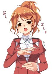 Rule 34 | 1girl, aquila (kancolle), brown eyes, collared shirt, commentary request, gesture, hair ornament, hairclip, high ponytail, highres, jacket, kantai collection, long hair, nassukun, one-hour drawing challenge, open mouth, orange hair, red jacket, shirt, simple background, smile, solo, upper body, wavy hair, white background, white shirt