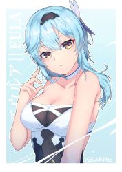 Rule 34 | 1girl, adapted costume, alternate costume, blue hair, breasts, brown eyes, choker, cleavage, close-up, collarbone, commentary request, eula (genshin impact), genshin impact, hair between eyes, hair ornament, hairband, head tilt, highres, long hair, looking at viewer, medium breasts, sidelocks, simple background, solo, spaghetti strap, swimsuit, two-tone background, wata neo