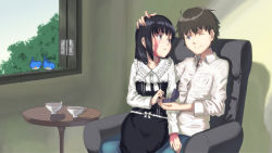 Rule 34 | 1boy, 1girl, ;), armchair, bird, black eyes, black hair, box, burn scar, chair, couple, cup, dorei to no seikatsu ~teaching feeling~, eye contact, hand on another&#039;s head, hetero, highres, indoors, jewelry, kujou natsume, long hair, looking at another, one eye closed, open window, headpat, marriage proposal, ring, scar, sitting, sitting on lap, sitting on person, smile, sylvie (dorei to no seikatsu), table, teacup, wedding band, window