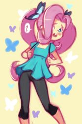 Rule 34 | 1girl, ?, animal hair ornament, backpack, bag, black pants, blue eyes, blush, bug, butterfly, butterfly hair ornament, collarbone, colored skin, drantyno, dress, fluttershy, green dress, hair ornament, hair over one eye, hasbro, highres, insect, long hair, looking at viewer, my little pony, my little pony: equestria girls, my little pony: friendship is magic, open mouth, pants, pink hair, short sleeves, standing, teeth, twintails, yellow background, yellow skin