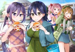 Rule 34 | 4girls, aircraft, airplane, akebono (kancolle), alternate costume, bandaid, bandaid on face, bell, blue jacket, blue skirt, blue sky, brown eyes, brown hair, bucket, burger, casual, cowboy shot, day, dress, eating, flower, food, green dress, green hairband, hair bell, hair bobbles, hair flower, hair ornament, hairband, highres, hood, hooded jacket, hoodie, jacket, jingle bell, kantai collection, long hair, multiple girls, oboro (kancolle), outdoors, pink dress, pink eyes, pink hair, plaid, plaid dress, purple eyes, purple hair, rabbit on shoulder, sazanami (kancolle), short hair, side ponytail, skirt, sky, striped clothes, striped skirt, stuffed toy, twintails, ushio (kancolle), very long hair, yunamaro
