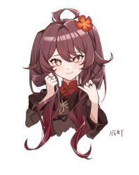 Rule 34 | 1girl, ahoge, black jacket, blush, brown hair, chinese clothes, chinese commentary, closed mouth, cropped torso, eyelashes, flower, flower-shaped pupils, genshin impact, gradient hair, hair between eyes, hair flower, hair ornament, highres, holding, holding own hair, hu tao (genshin impact), jacket, jewelry, long hair, looking at viewer, multicolored hair, multiple rings, nan jiu (4517121392), no headwear, orange eyes, plum blossoms, red hair, red shirt, ring, shirt, signature, simple background, smile, solo, symbol-shaped pupils, tangzhuang, twintails, two-tone hair, upper body, white background, wing collar