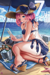 Rule 34 | 1girl, absurdres, ass, back, bare shoulders, beach, beach towel, beach umbrella, bikini, blue bikini, blue eyes, blush, breasts, cup, drinking glass, full body, hat, highres, holding, holding cup, jean bart (warship girls r), lolipantherwww, looking back, medium breasts, ocean, open mouth, pink hair, sand, sandals, seafloor, short hair, sideboob, sitting, solo, starfish, straw hat, sun hat, swimsuit, thighs, towel, umbrella, warship girls r, wedge heels, wine glass
