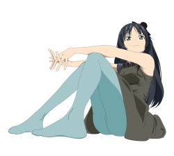 Rule 34 | 1girl, akiyama mio, aqua pantyhose, black hair, blue thighhighs, don&#039;t say &quot;lazy&quot;, dress, feet, hat, highres, hime cut, k-on!, long hair, mini hat, mini top hat, no shoes, pantyhose, simple background, sitting, skirt, solo, thighhighs, top hat