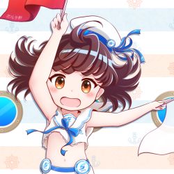 Rule 34 | 1girl, arm up, bare arms, bare shoulders, beret, blue bow, blush, bow, brown eyes, brown hair, commentary request, crop top, flag, goth risuto, hand up, hat, holding, holding flag, looking at viewer, midriff, navel, open mouth, sailor collar, school uniform, serafuku, shirt, sleeveless, sleeveless shirt, solo, sound voltex, white hat, white sailor collar, white shirt, yamashina kanade