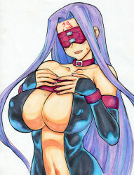 Rule 34 | 00s, blindfold, breasts, cleavage, collar, covered erect nipples, detached sleeves, embarrassed, fate/stay night, fate (series), huge breasts, kikuta, long hair, mask, medusa (fate), medusa (rider) (fate), open clothes, open shirt, purple hair, shirt, solo, very long hair
