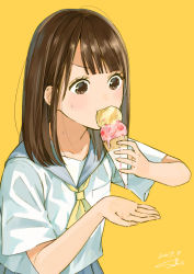 Rule 34 | 1girl, absurdres, brown eyes, brown hair, commentary request, dated, dripping, eating, food, highres, holding, holding food, ice cream, long hair, looking down, neckerchief, original, pleated skirt, sailor collar, sako (35s 00), school uniform, serafuku, shirt, short sleeves, sidelocks, signature, simple background, skirt, solo, sweat, upper body, v-shaped eyebrows, white shirt, yellow background