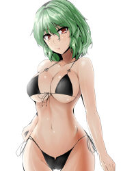 Rule 34 | 1girl, alternate costume, arms at sides, bikini, black bikini, breasts, cameltoe, cleavage, collarbone, commentary request, cowboy shot, front-tie bikini top, front-tie top, green hair, highleg, highleg bikini, highres, kazami yuuka, large breasts, looking at viewer, micro bikini, navel, parted lips, red eyes, shiny skin, short hair, side-tie bikini bottom, simple background, solo, stomach, swimsuit, thigh gap, touhou, underboob, white background, y2