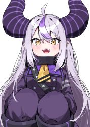 Rule 34 | 1girl, :d, ahoge, blush, braid, braided bangs, demon horns, dress, grey hair, hair between eyes, highres, hololive, horns, la+ darknesss, long sleeves, looking at viewer, multicolored hair, open mouth, pointy ears, purple dress, purple hair, simple background, sleeves past fingers, sleeves past wrists, smile, solo, streaked hair, tosyeo, virtual youtuber, white background, yellow eyes