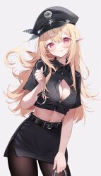 Rule 34 | 1girl, alternate costume, belt, blonde hair, breasts, cleavage, cleavage cutout, clothing cutout, cuffs, deyui, handcuffs, hat, highres, holding, holding handcuffs, large breasts, licking lips, long hair, medium breasts, midriff, miniskirt, navel, nijisanji, nijisanji en, pantyhose, pointy ears, police, police hat, police uniform, policewoman, pomu rainpuff, red eyes, simple background, skirt, smile, solo, tongue, tongue out, uniform, virtual youtuber, white background
