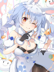 Rule 34 | 1girl, absurdres, animal ear fluff, animal ears, black gloves, black leotard, black pantyhose, blue hair, braid, breasts, carrot hair ornament, don-chan (usada pekora), dress, food-themed hair ornament, fur-trimmed dress, fur-trimmed gloves, fur trim, gloves, hair ornament, highres, hololive, leotard, leotard under clothes, looking at viewer, medium breasts, multicolored hair, pantyhose, pekomon (usada pekora), rabbit-shaped pupils, rabbit ears, rabbit girl, smile, strapless, strapless leotard, symbol-shaped pupils, tongue, tongue out, twin braids, two-tone hair, usada pekora, usada pekora (1st costume), white dress, white hair, yellow eyes, yunon oto mad